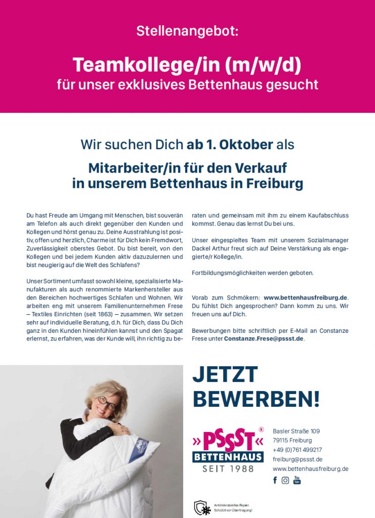 Mitarbeiter/in für den Verkauf in unserem Bettenhaus in Freiburg gesucht